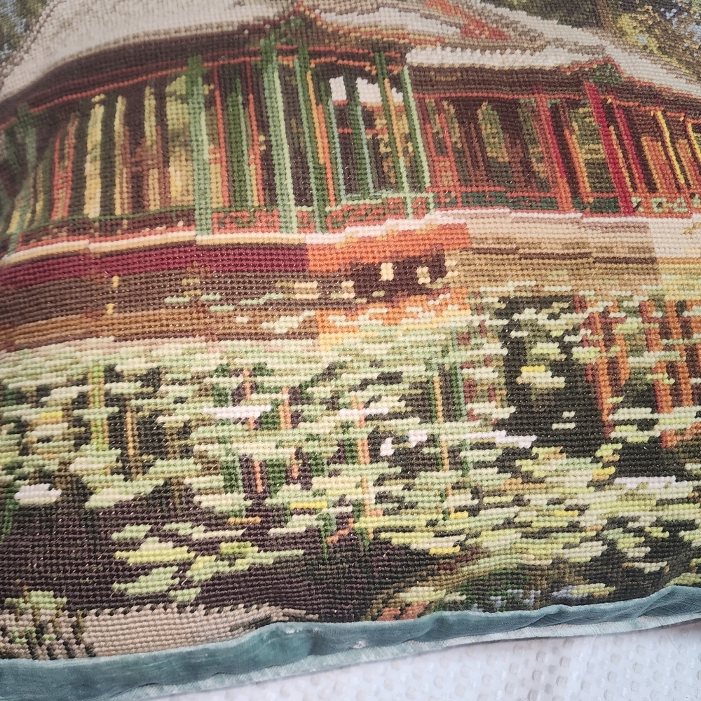 CHARLOTTE HOME EUC 25 X 25 ASIAN THEME TAPESTRY NEEDLEPOINT PILLOW DECOR - Picture 2 of 6